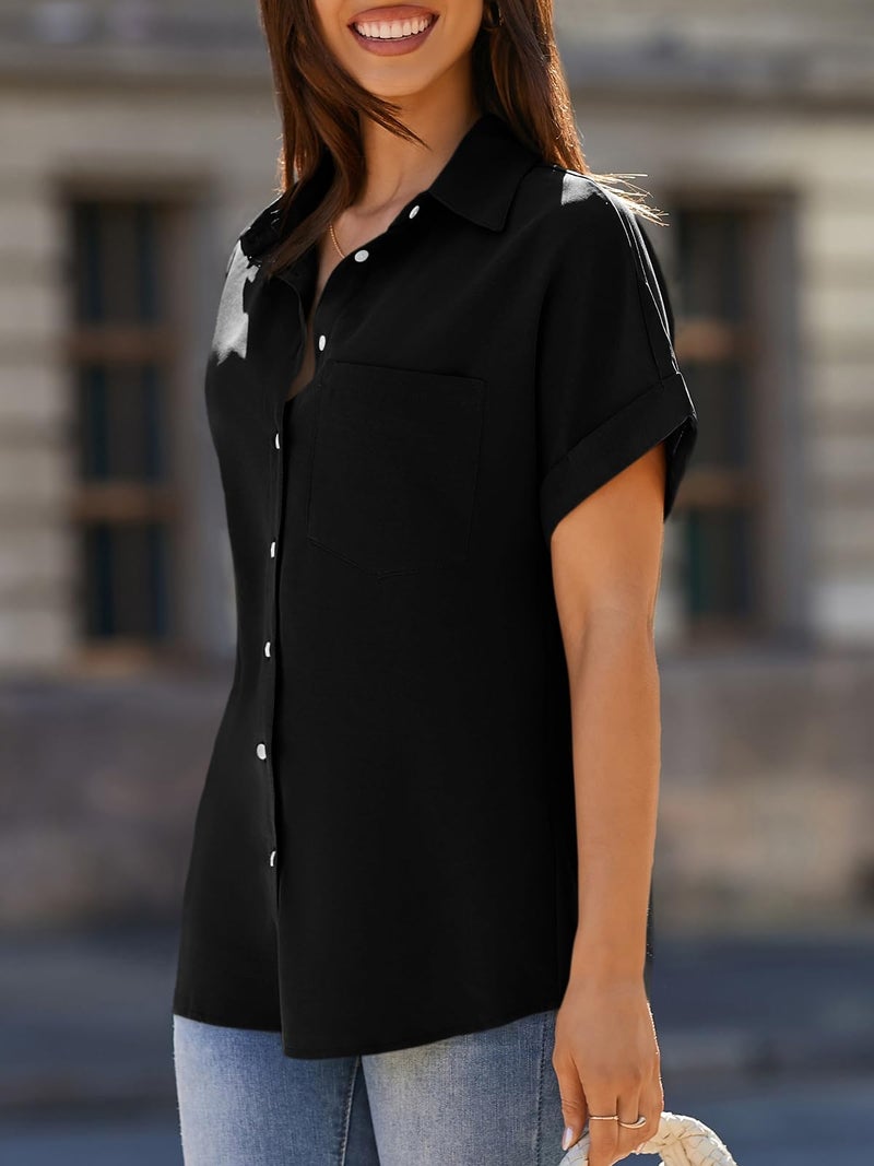 Beautife Womens Short Sleeve Shirts V Neck Collared Button Down Shirt Tops with Pockets Black - Image 4